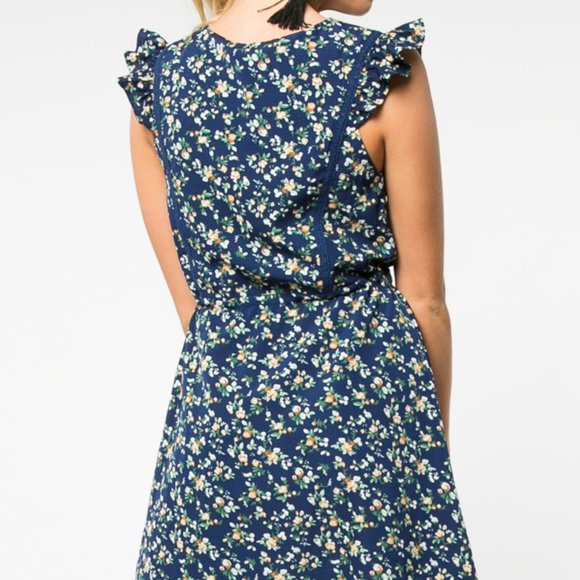Navy Blue Floral Fit and Flare Dress - Picture 3 of 4